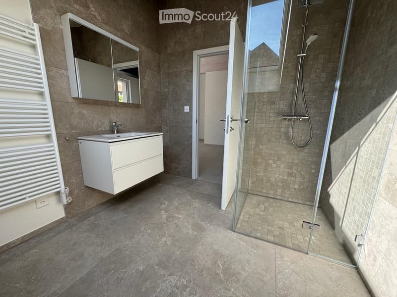 Modern bathroom with a white sink, large mirror, glass shower enclosure, and a white radiator.