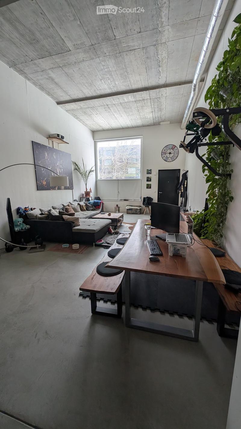 Modern living room with exposed concrete walls and ceiling, large window, sofa, coffee table, laptop desk, and plants.