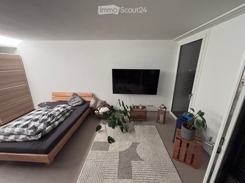 A modern, minimalist bedroom with a wooden bed, pillows, a blanket, a television mounted on the wall, a side table, a potted plant, and a rug.