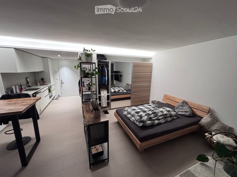 A compact, modern studio apartment with a bed, a small kitchen area, a dining table, and a wardrobe. The space is well-lit with large windows and features contemporary furniture.