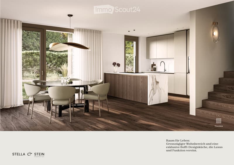 Modern kitchen with a central island, dining area, pendant light, and sleek cabinetry.