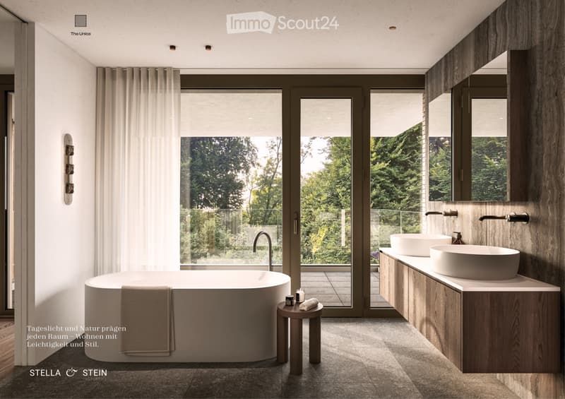 Modern bathroom with a freestanding bathtub, double sink vanity, large window with view, and a small stool beside the tub.