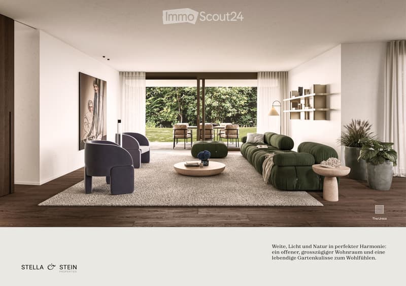 Modern living room with a large green sectional sofa, a round coffee table, armchairs, ottoman, floor lamp, dining area with chairs and table, shelves, plants, and artwork.