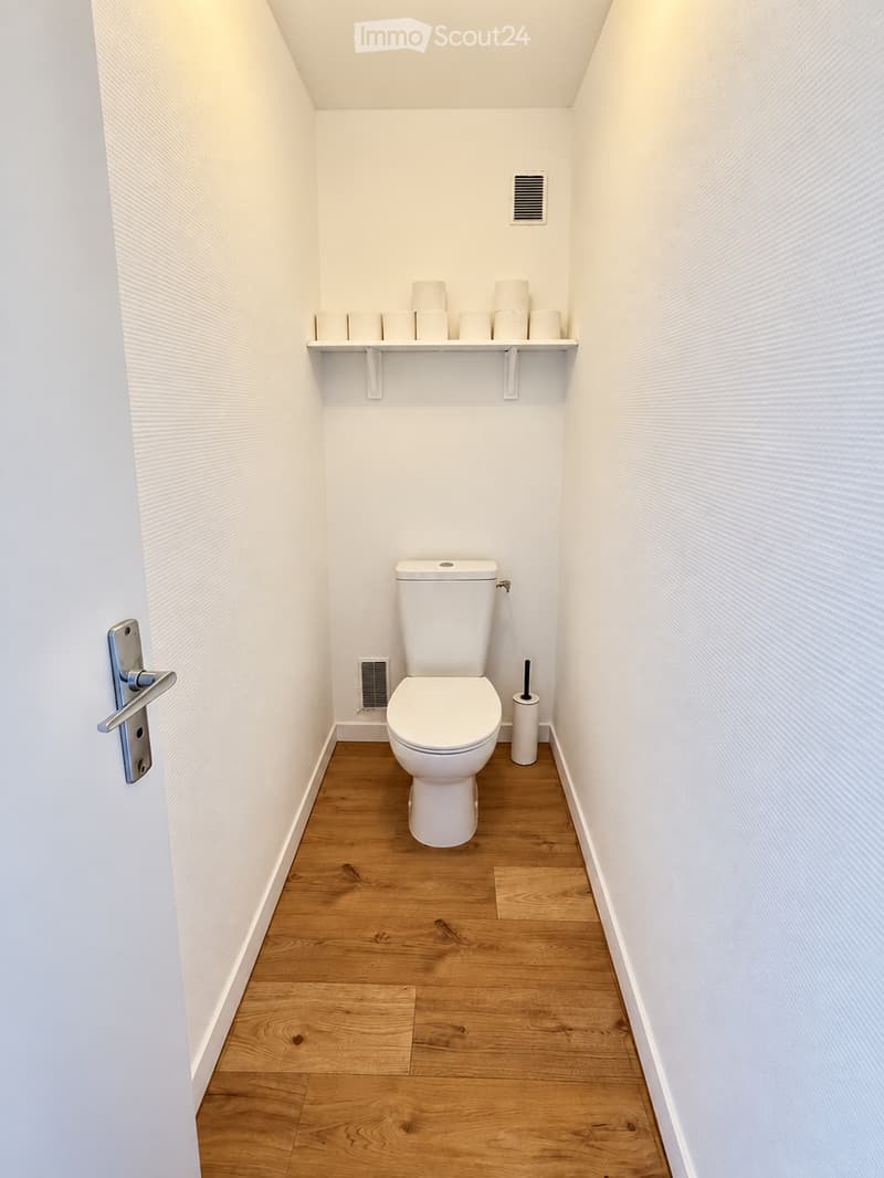 Modern bathroom with white walls, wooden floor, toilet, toilet paper holder, and toilet brush.