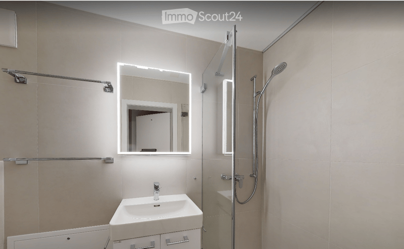 Modern bathroom with a white sink, illuminated mirror, and a glass-enclosed shower area with a handheld showerhead.