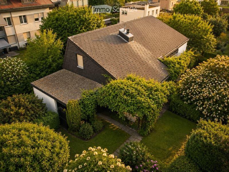 Aerial view of a residential building with a tiled roof, surrounded by lush greenery and flowering bushes.