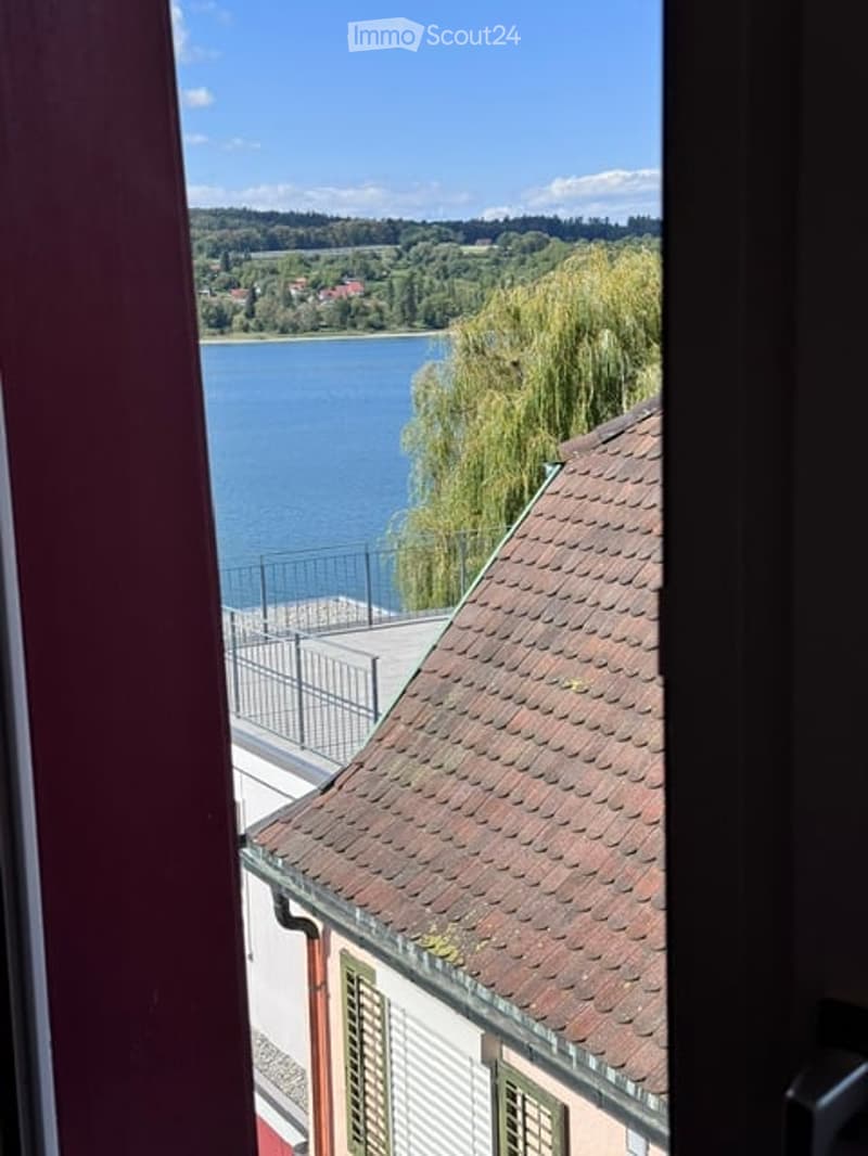 View from a balcony overlooking a lake with surrounding greenery and hills.
