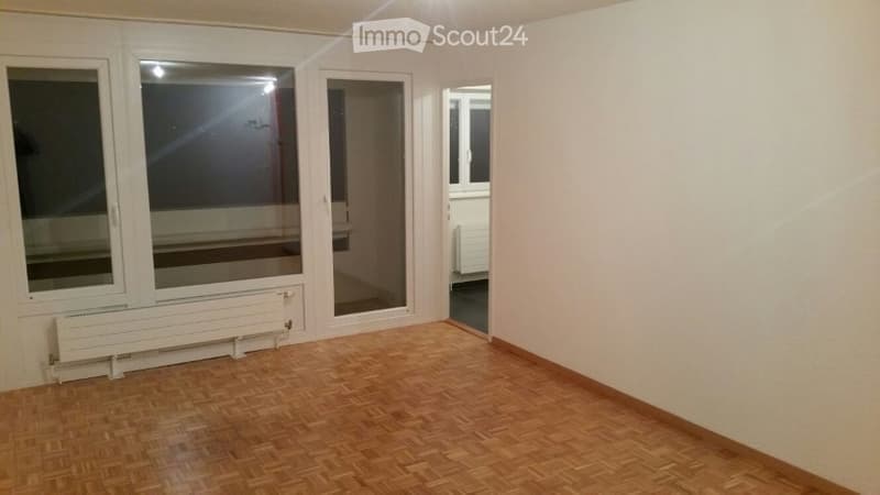 Empty room with wooden flooring, large windows, and a radiator. No furniture or equipment present.
