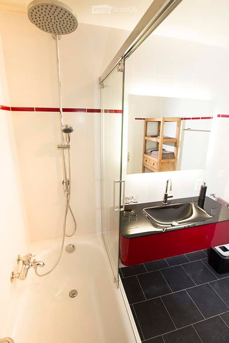Modern bathroom with a bathtub, glass-enclosed shower, sleek sink, and a mirror reflecting a bunk bed in the adjacent room.
