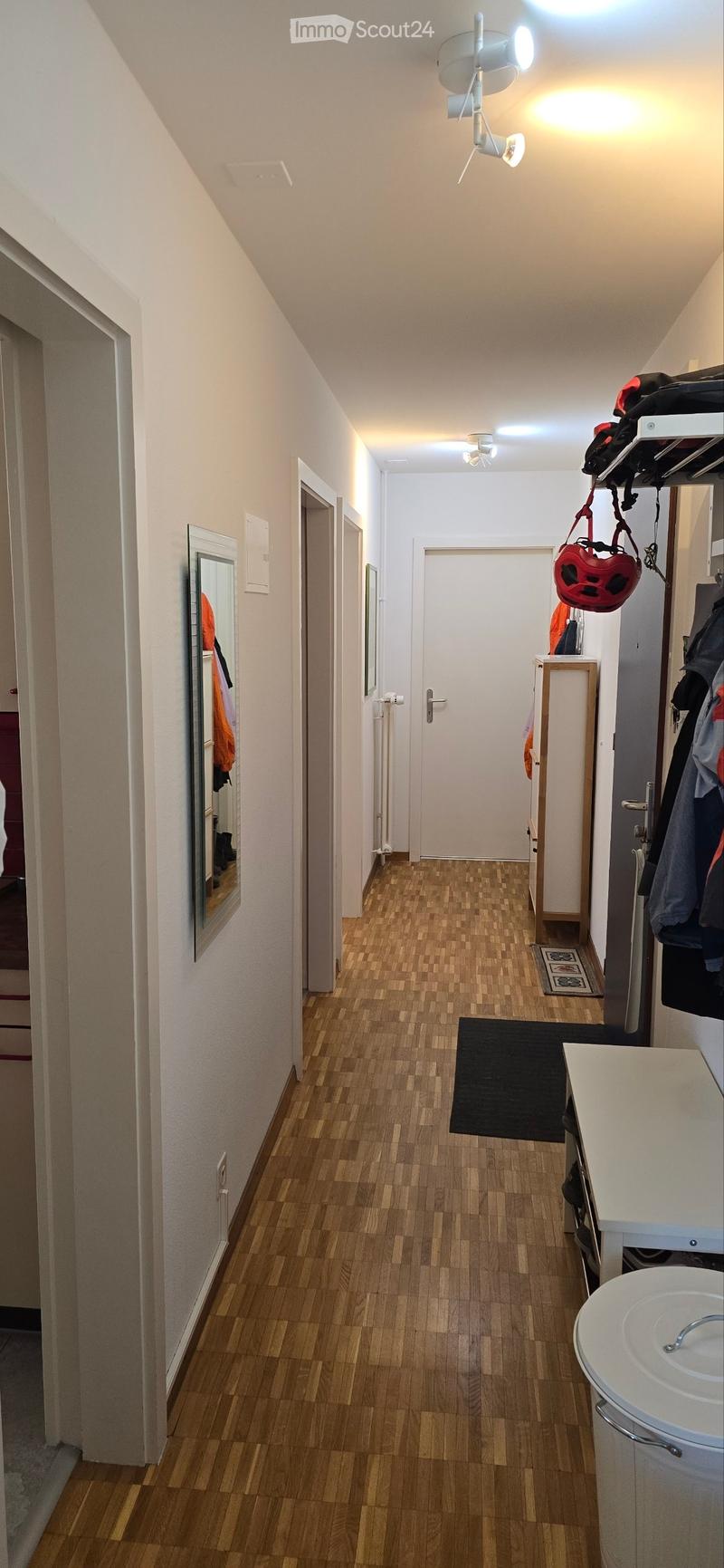 A narrow hallway with wooden flooring, white walls, and several doors leading to different rooms. A small sink is visible on the right side, and a coat rack with jackets and a helmet is on the far right. A mirror is mounted on the left wall.