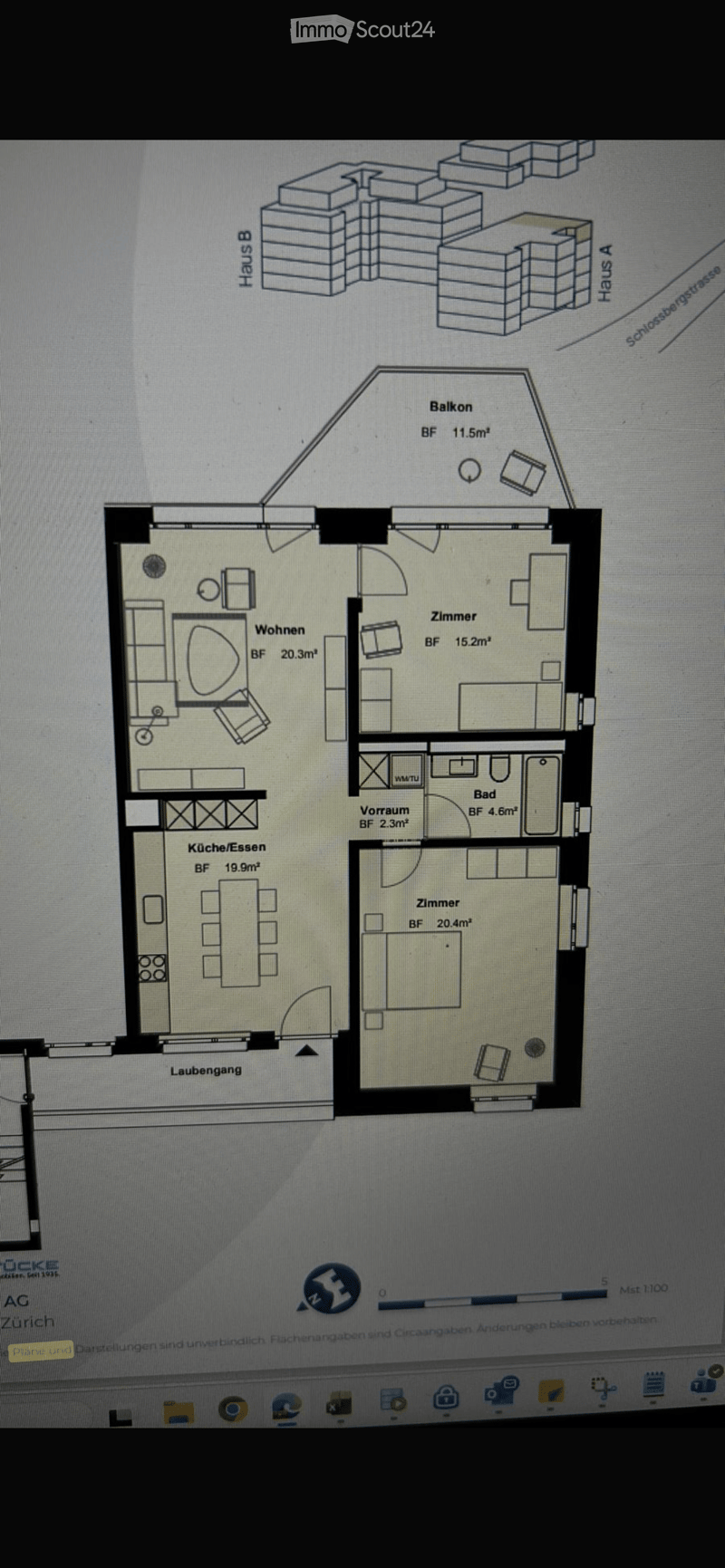Floor plan showing a residential unit with a living area, kitchen, two bedrooms, bathroom, hallway, and balcony.