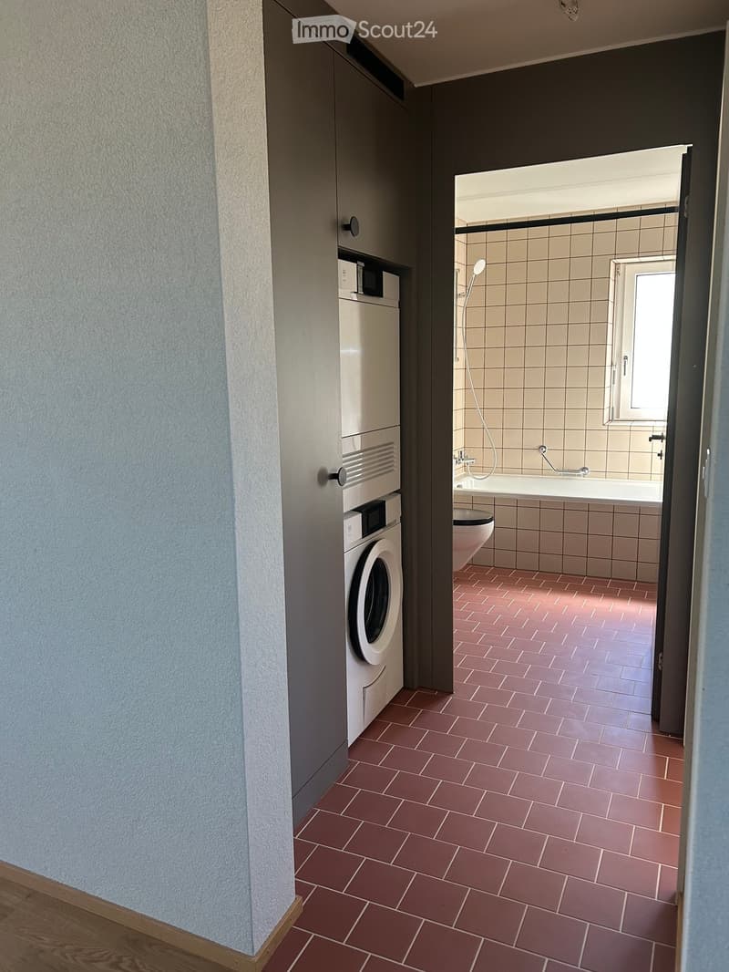 Bathroom with a washing machine, toilet, bathtub, and shower. The floor is tiled in a reddish-brown color, and the walls are tiled in a light beige color.
