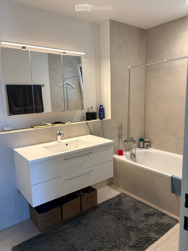 Modern bathroom with a white sink cabinet, mirror, bathtub, and wicker baskets under the sink. The space features a gray shaggy rug and a towel hanging on the side.