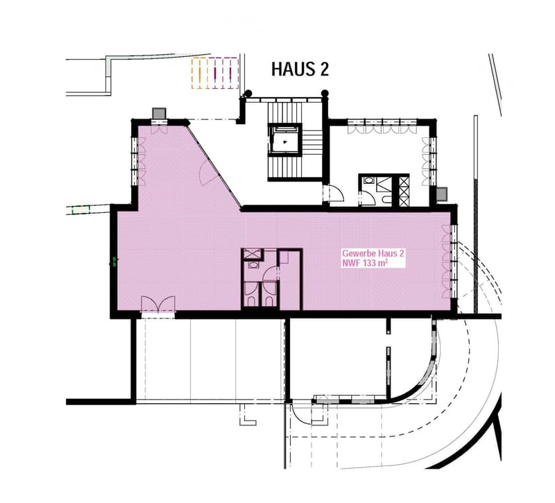 Floor plan of Haus 2, showing a commercial area with a total area of 133 m², including a staircase, small room, and entrance.