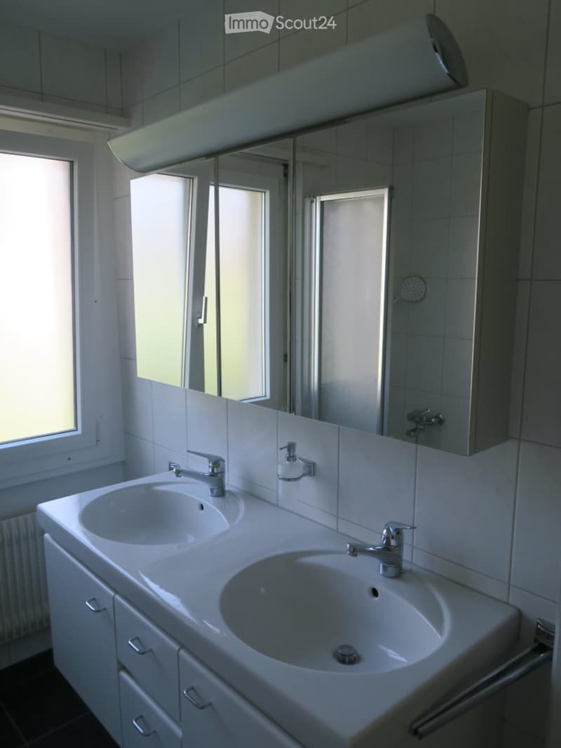 Modern bathroom with double sink, mirrored cabinet, and large window providing natural light.