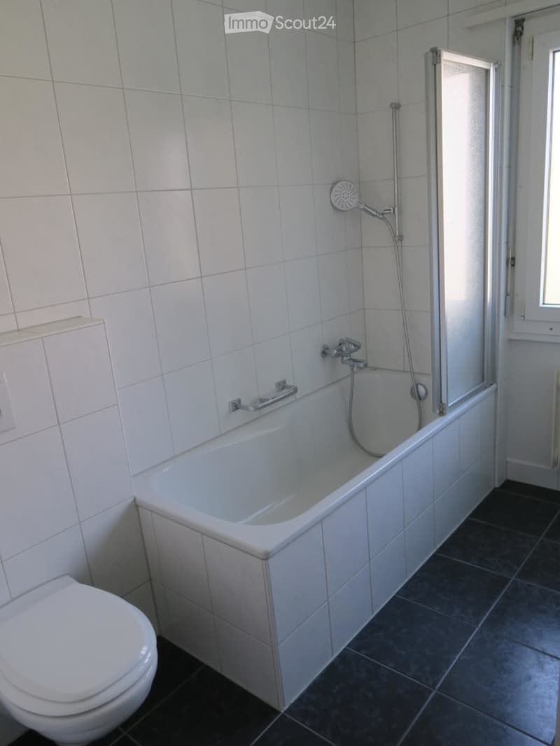Modern bathroom with a white bathtub, toilet, and a glass-enclosed shower area. The walls and floor are tiled in white and dark gray respectively.