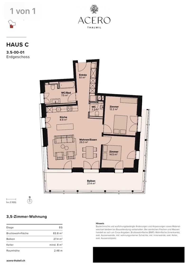 Floor plan of a 3.5-room apartment on the ground floor, including entrance, kitchen, living/dining area, two bedrooms, two bathrooms, and a balcony.