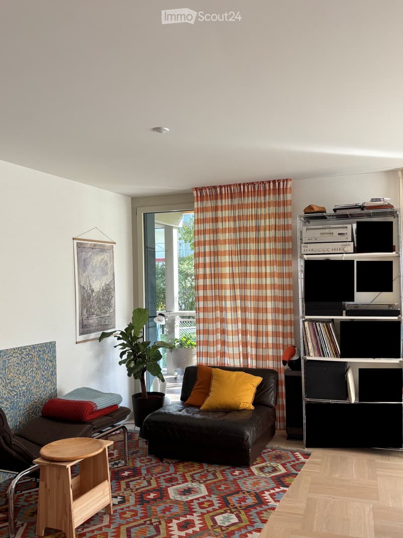 Living room with a black leather sofa, wooden stool, colorful rug, plant, and a shelf with electronic equipment and records.