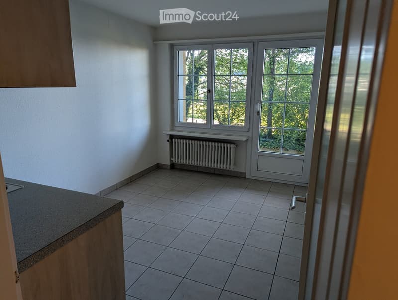 Empty room with tiled floor, white walls, large window with view of greenery, radiator, and a wooden cabinet partially visible.