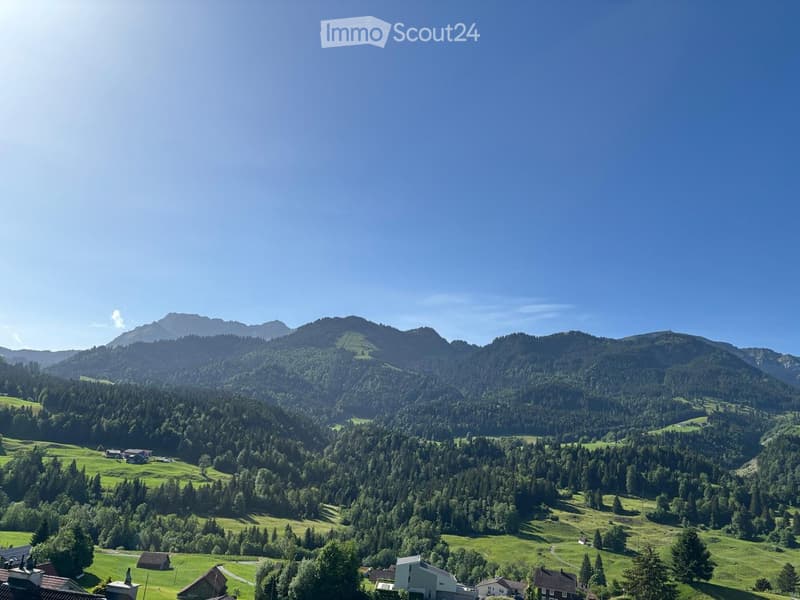 A panoramic view of a lush green valley surrounded by dense forests and mountains under a clear blue sky. The valley features scattered houses and buildings nestled among the trees, with rolling hills and open fields visible in the foreground.