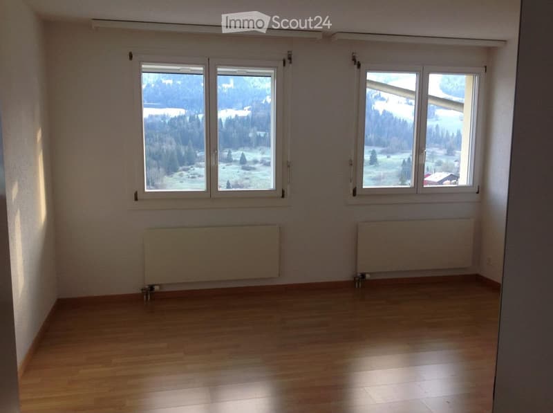 Empty room with wooden flooring, large windows offering a scenic view, and radiators on the walls.