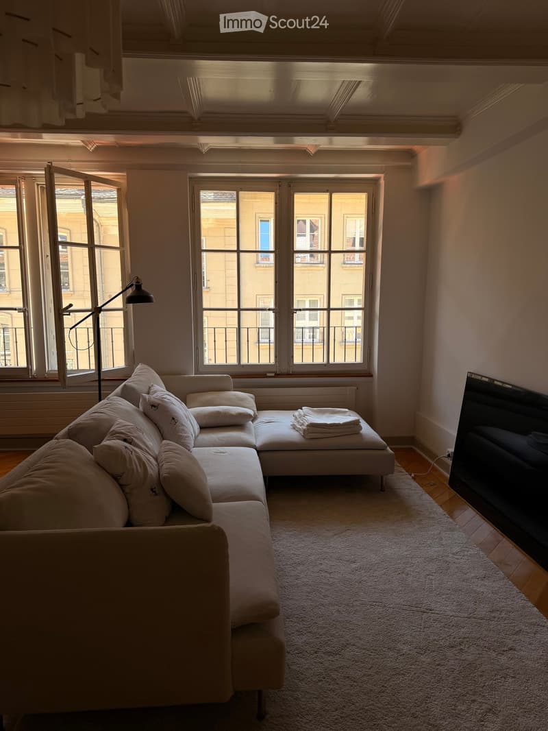 Bright living room with large windows, a sectional sofa, pillows, a floor lamp, and a television. Wooden flooring and a white shag rug are visible.