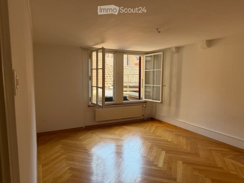 Empty room with wooden herringbone flooring, large windows with open shutters, radiator, and visible ceiling light fixture.