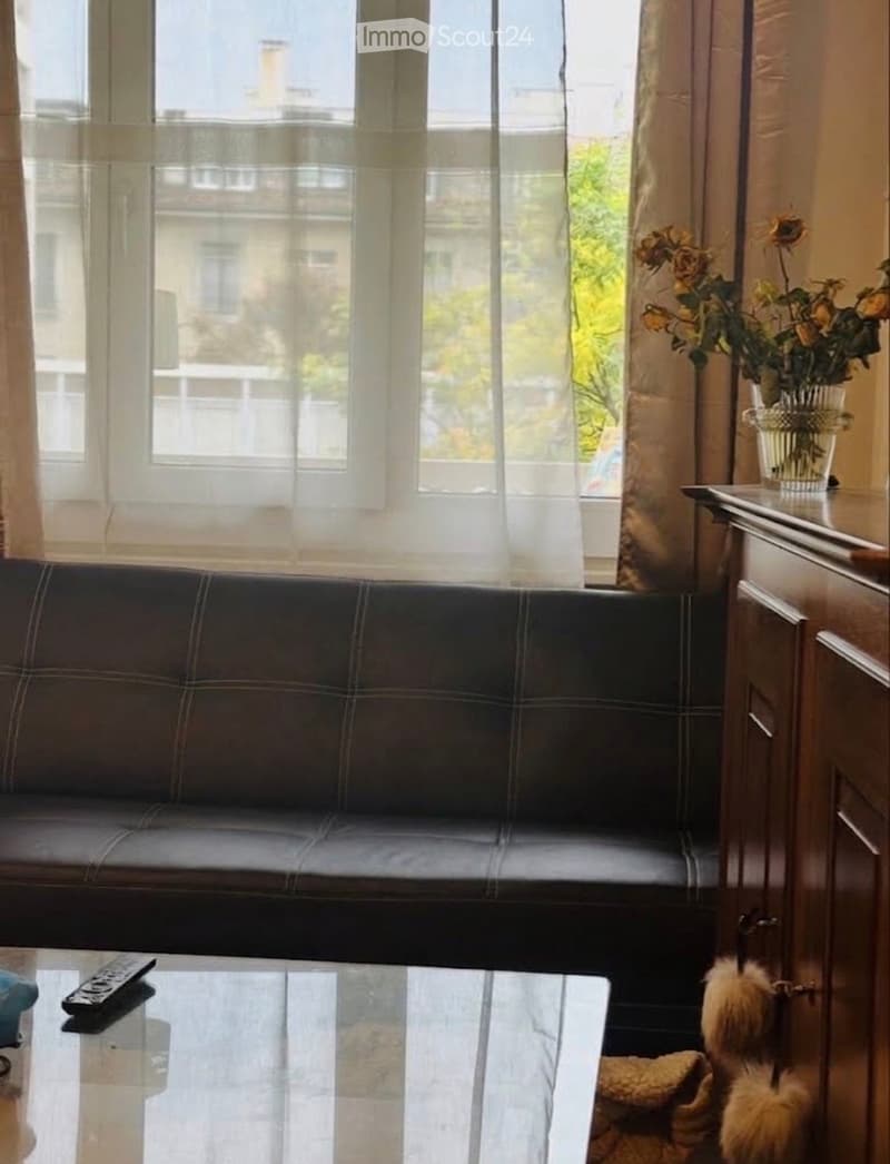 A cozy living room with a large window, sheer curtains, a dark leather sofa, a glass coffee table, a vase with dried flowers, and a stuffed animal on the floor.