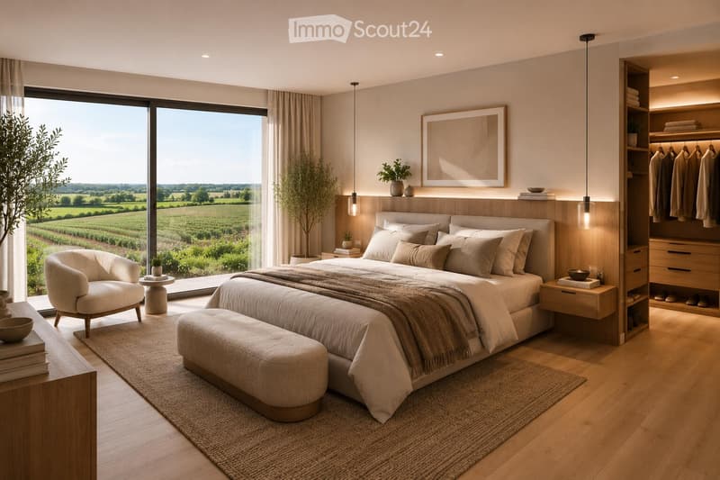 Modern bedroom with large windows offering a scenic view, featuring a large bed with pillows and blankets, a wooden nightstand, a hanging pendant light, a wardrobe, a small round table, a comfortable armchair, and decorative plants.