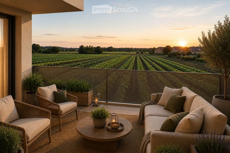 Balcony with a view of a countryside landscape at sunset, featuring a sofa, chairs, a coffee table, and potted plants.