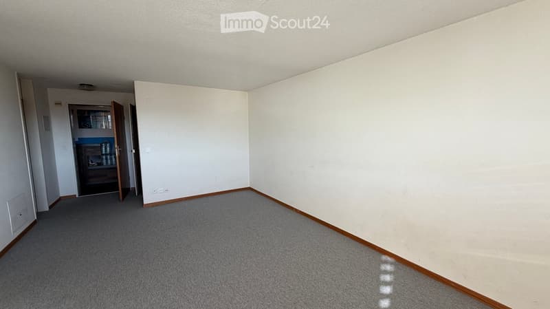 Empty room with grey carpet, white walls, and wooden baseboards. An open doorway leads to another room with visible shelving and containers.