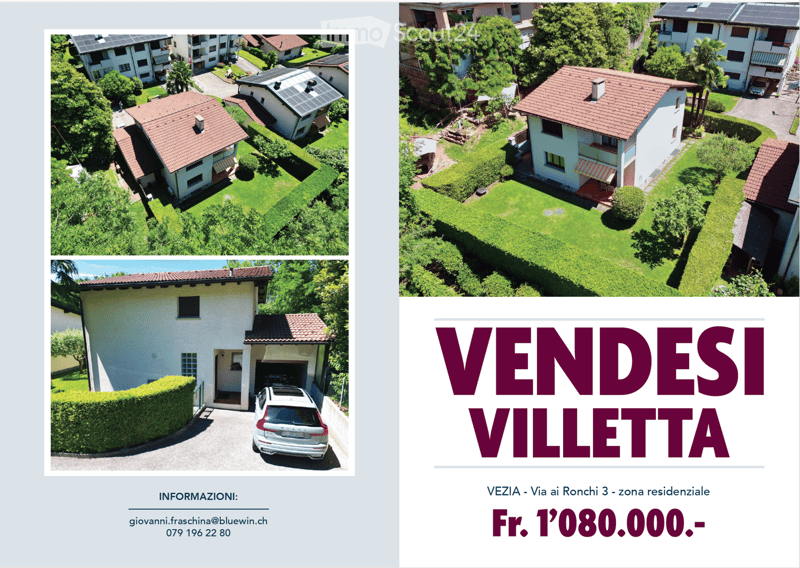 Four aerial views of a two-story residential house with red-tiled roofs, surrounded by green lawns and trees. The house features a garage, solar panels on the roof, and is situated in a residential neighborhood with neighboring houses and well-maintained