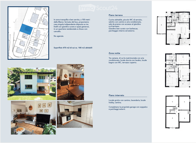 Floor plan of a three-level house with a total area of 470 m2, including 180 m2 of living space. The ground floor features a habitable kitchen, small service bathroom, living room with access to the garden, and a well-maintained garden with barbecue, inte