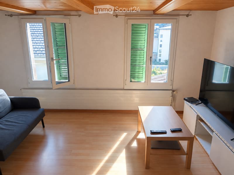 Bright living room with wooden flooring, large windows, a dark blue sofa, a light wooden coffee table with remote controls, and a TV on a white stand.