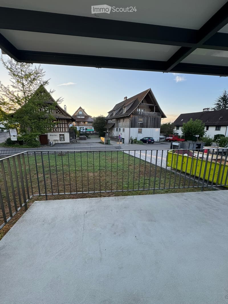 Balcony with metal railing overlooking a residential area with houses, trees, and parked cars.