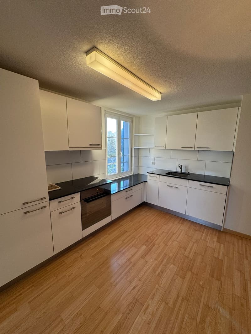 Modern kitchen with white cabinets, black countertops, wooden flooring, and a window above the sink.