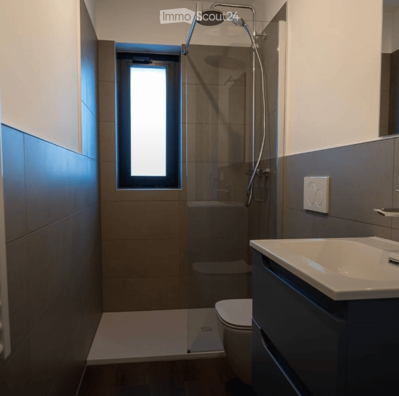 Modern bathroom with a glass-enclosed shower, toilet, sink, and a window providing natural light.