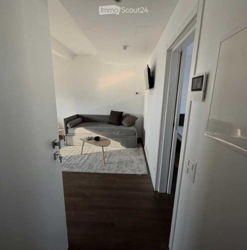 Modern living room with a grey sofa, throw pillows, a small coffee table, and a wall-mounted TV. The room features wooden flooring and white walls.