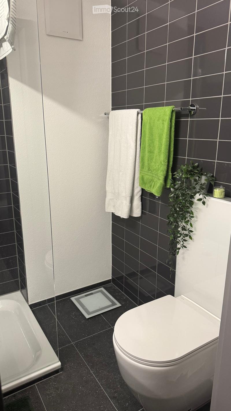 Modern bathroom with black tiled walls and floor, white toilet, bathtub, towel rack with towels, small plant, and candle on the edge of the bathtub.