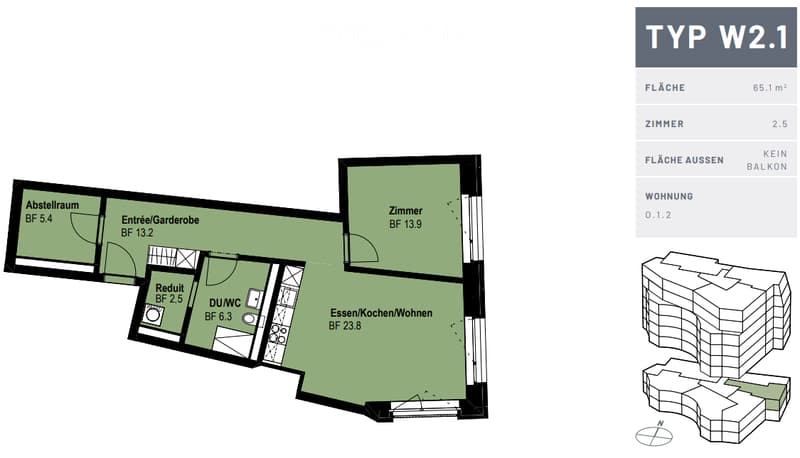 Floor plan of a 65.1 m² apartment with2.5 rooms, including a living/dining/kitchen area, bedroom, bathroom, storage room, and entrance/lobby.