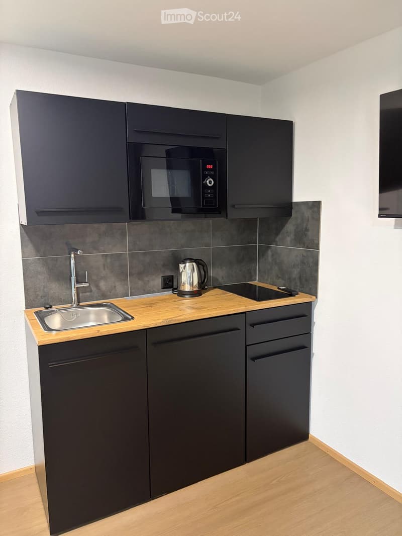 Modern kitchen with black cabinets, wooden countertop, stainless steel sink, microwave, electric kettle, and induction cooktop.