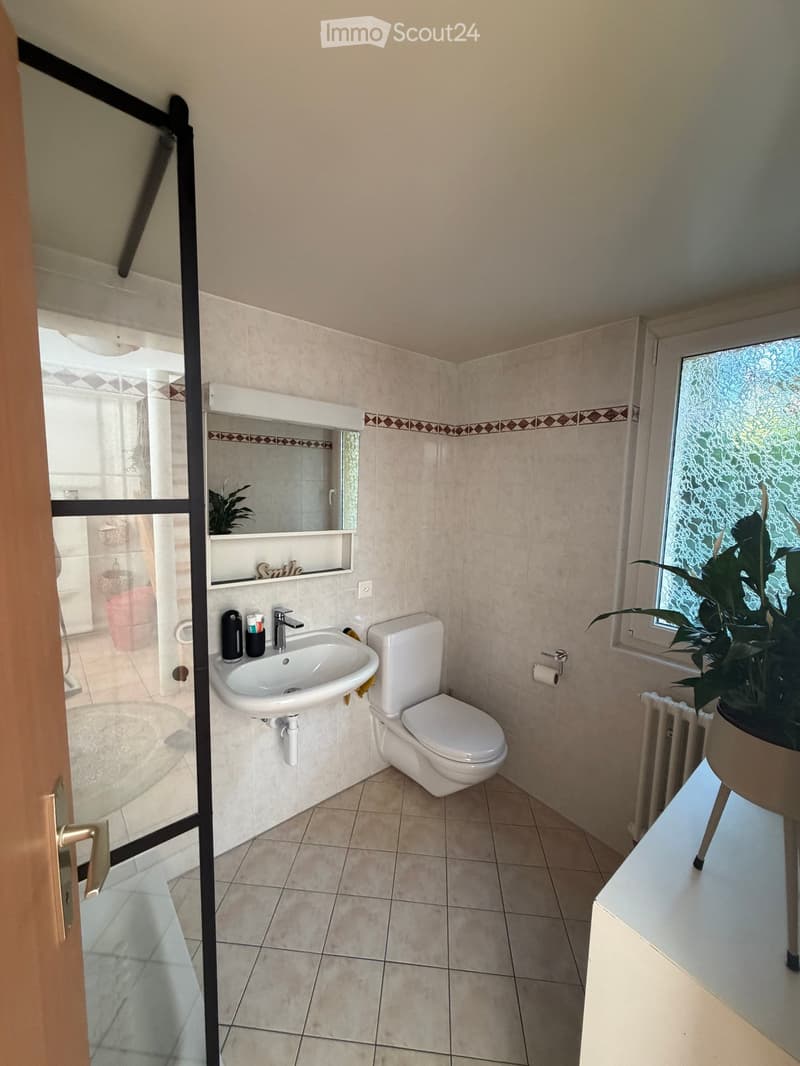 Modern bathroom with beige tiled walls and floor, white sink, toilet, mirror, and a small plant near the window.