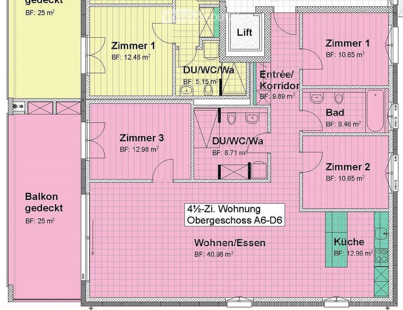 Floor plan of a 4.5-room apartment on the upper floor, including living/dining area, kitchen, three bedrooms, two bathrooms, entrance/hallway, and a balcony.