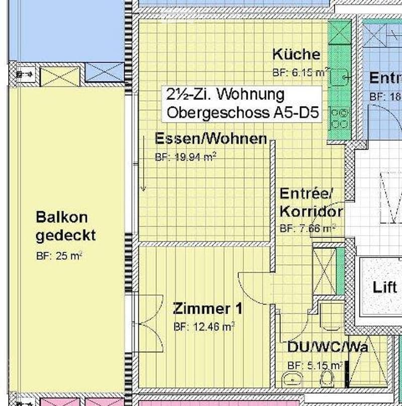 Floor plan of a 2.5-room apartment on the upper floor, including a kitchen, living/dining area, bedroom, bathroom, entrance corridor, and a covered balcony.