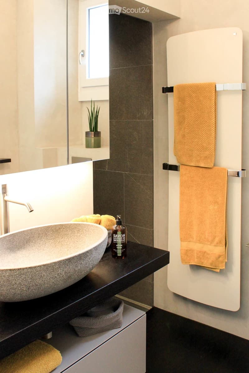 Modern bathroom with a stone sink, sleek faucet, dark countertop, and two beige towels on a heated towel rack. A small plant sits on a shelf near a window.