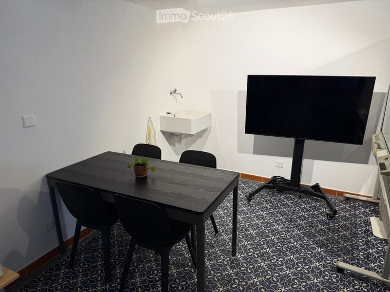 A small, modern room with a black table, four black chairs, a potted plant, a wall-mounted sink with a faucet, and a large screen on a stand.