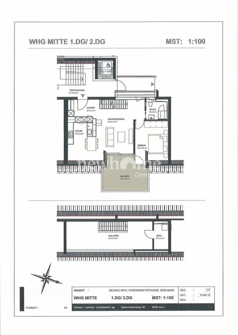 Floor plan of a two-story apartment with labeled rooms including kitchen, living area, bedroom, bathroom, and staircase.