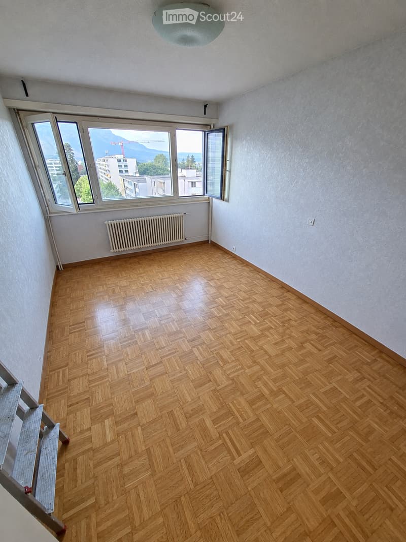 Empty room with wooden herringbone flooring, light grey walls, large windows with a view of the city and mountains, and a radiator below the windows.