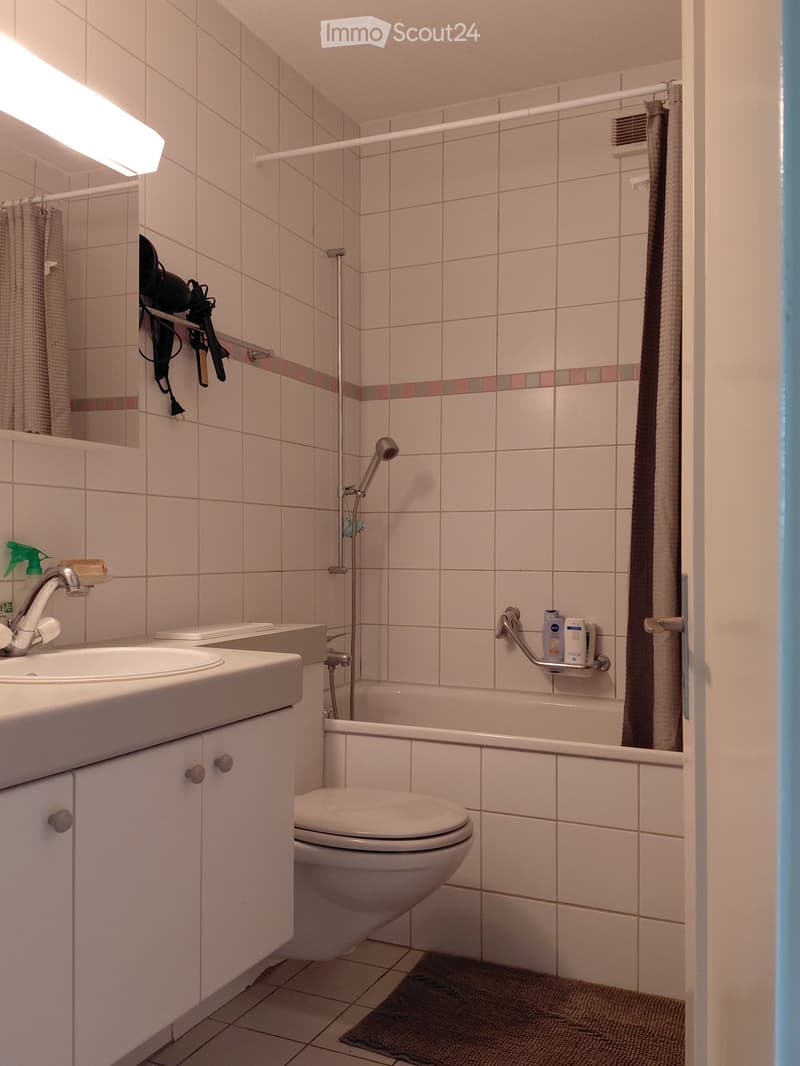 A small bathroom with a sink, toilet, bathtub, and shower area. The walls are tiled in light beige with a decorative border. A hair dryer is mounted on the wall, and a bottle is placed on the edge of the bathtub.