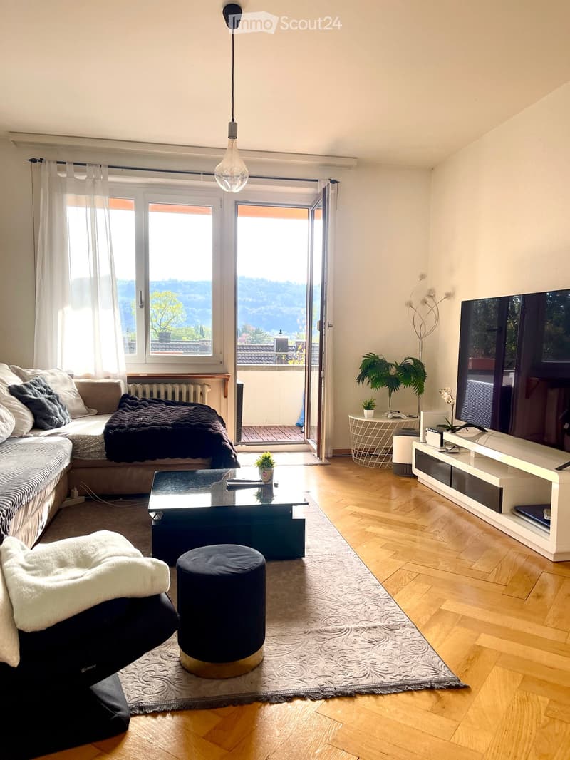 Modern living room with wooden flooring, large windows, and a view of the landscape. Features a sofa, coffee table, TV stand, and decorative plants.